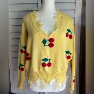 Just Polly Women's Size Small Yellow Cherry Print Pullover Sweater Raw Edge Boho